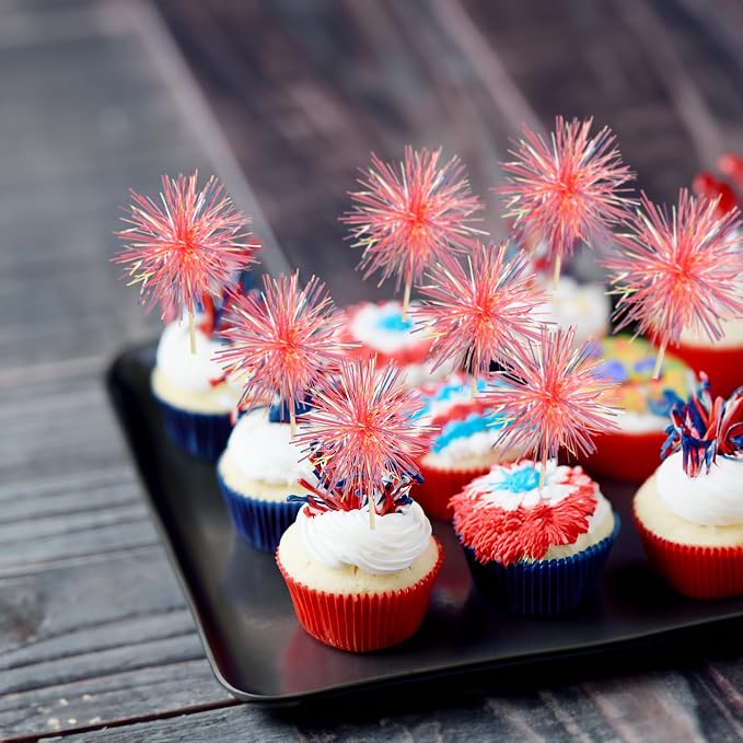 Gyufise 30Pcs Foil Firework Cupcake Toppers Sparkle Tinsel Cake Toppers Tinsel - Image 5