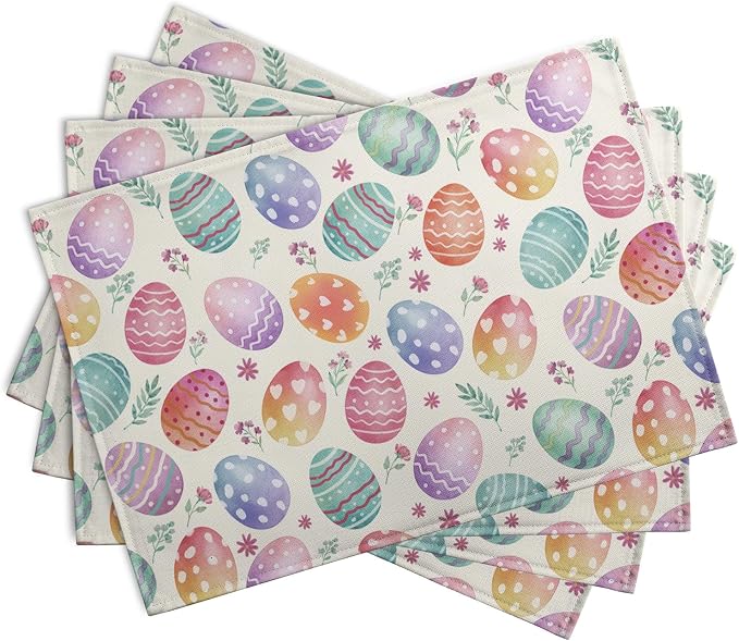Easter Placemats Set of 4 Watercolor Colorful Eggs Floral Table Mats 12x18 Inch - Image 2