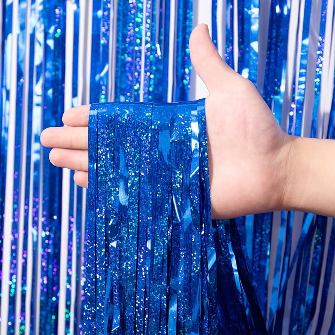 Voircoloria Laser Blue Foil Fringe Backdrop Curtains, 2 Pack | Tinsel Streamers - Image 2
