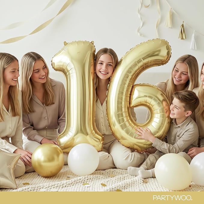 PartyWoo Number Balloons 40 Inch Gold Number 16 Kit 33pcs - Image 3