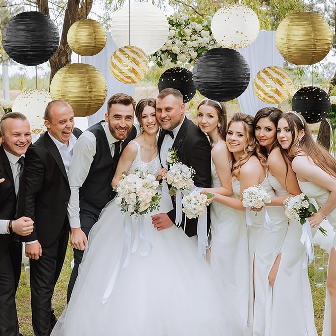 12PCS Black Gold Hanging Paper Lanterns Graduation Party Decor | Black and Gold - Image 7