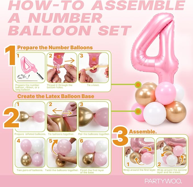 PartyWoo Number Balloons 40 Inch Pink Number 4 Kit 25pcs - Image 7