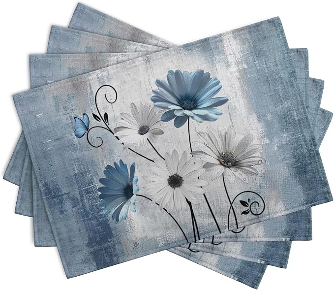 Daisy Placemats Set of 4 Blue Grey Rustic Vintage Floral Table Place Mats 12x18 - Image 2
