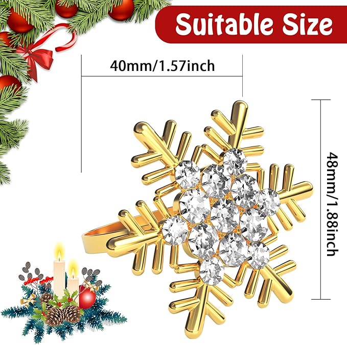 Halatool Christmas Napkin Rings Set of 8, Gold Snowflake with White Rhinestone Napkin Holder for Christmas Thanksgiving Winter Holiday Place Setting, Weddings, Party Table Decoration
