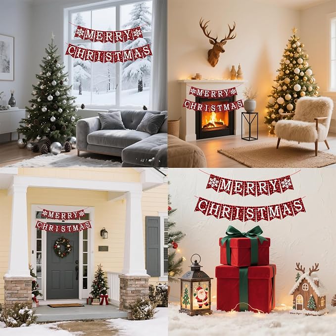 Merry Christmas Banner, Pre-Strung Buffalo Plaid Xmas Decorations, Merry - Image 5