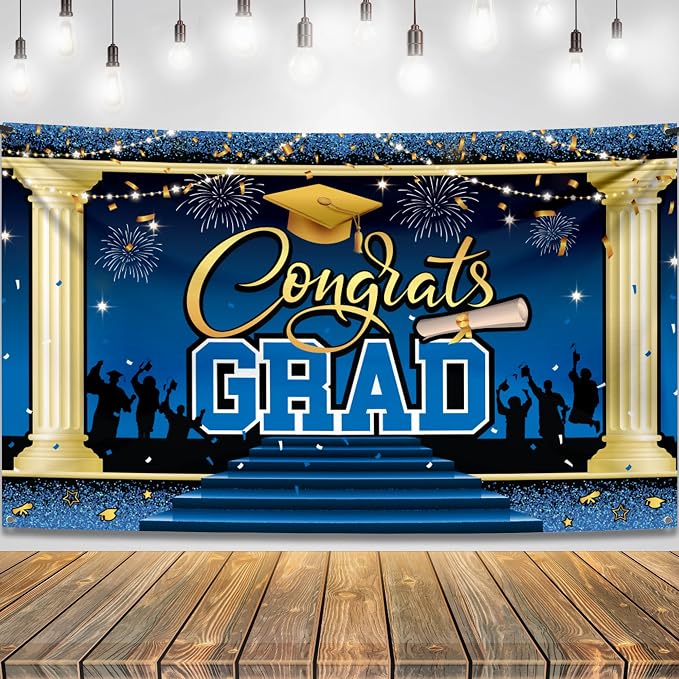 KatchOn Blue Congrats Grad Banner 72x44 Inch | 2026 Graduation Backdrop by KatchOn