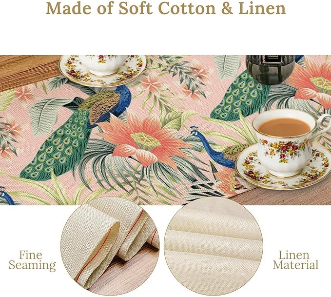 Peacock Table Runner,Pink Flower Peacock Birds Table Runner for Home Kitchen Dining Party Indoor Outdoor Decoration 13x108 Inch