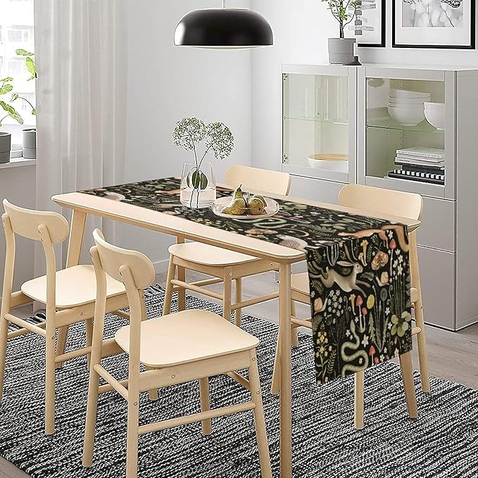 Mushroom Table Runner,Vintage Boho Forest Wild Animal Wildflower Botanical Plants Pattern Print Burlap Hotel Indoors Outdoor Dining Room Kitchen Holiday Party, 13x60in