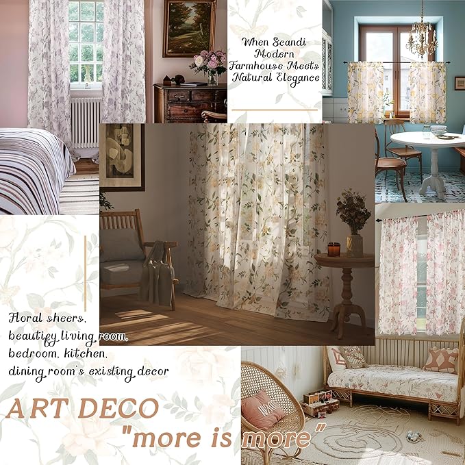 Kitchen Curtains 24 Inch Length 2 Panels, Floral Patterned Semi Sheer Light - Image 5