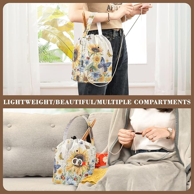 Watercolor Cornflower Sunflower Yarn Bag Small Crochet Bag Drawstring Yarn - Image 5