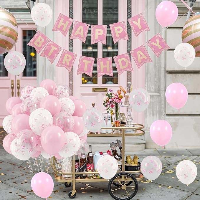 HILAVO Pink Bow Balloons, 12 Inch Pastel Light Pink Transparent White Bow Print - Image 7