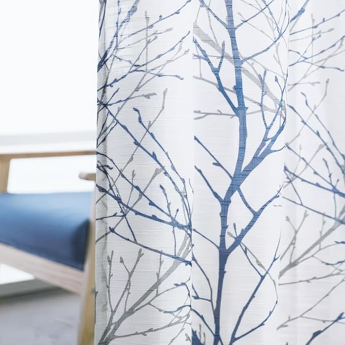 FMFUNCTEX Linen Blue White Semi Sheer Print Curtains 96 Inch Long 2 Panels | - Image 8