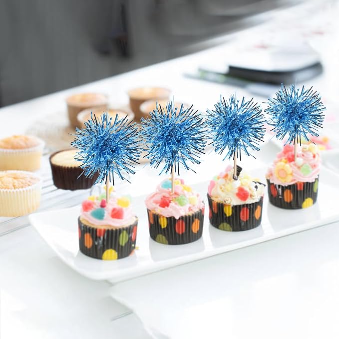 40 PCS Foil Firework Cupcake Toppers Light Blue Sparkler Cupcake Picks Sparkle - Image 6