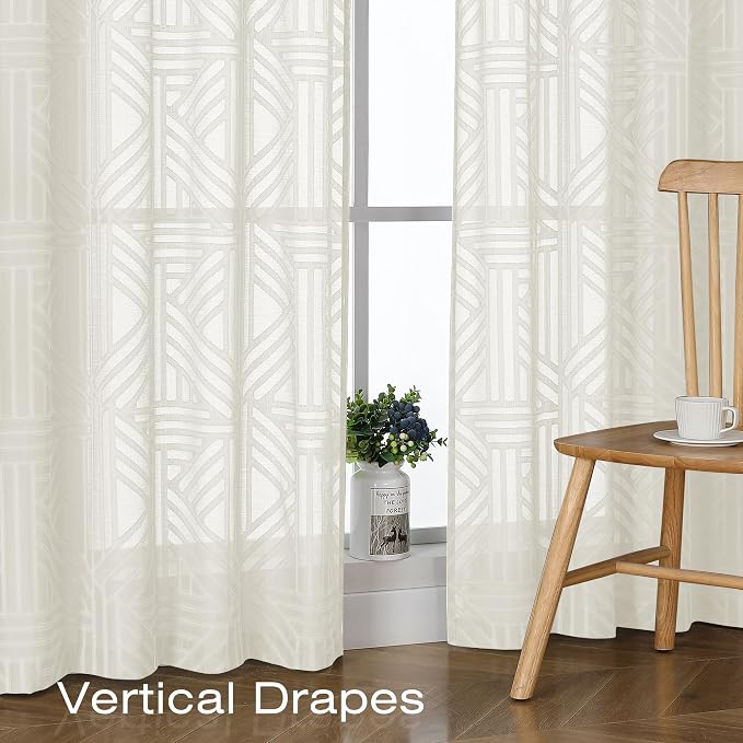 Simplebrand Semi Sheer Ivory Curtains 30 Inch Length 2 Panels, Geometric - Image 6