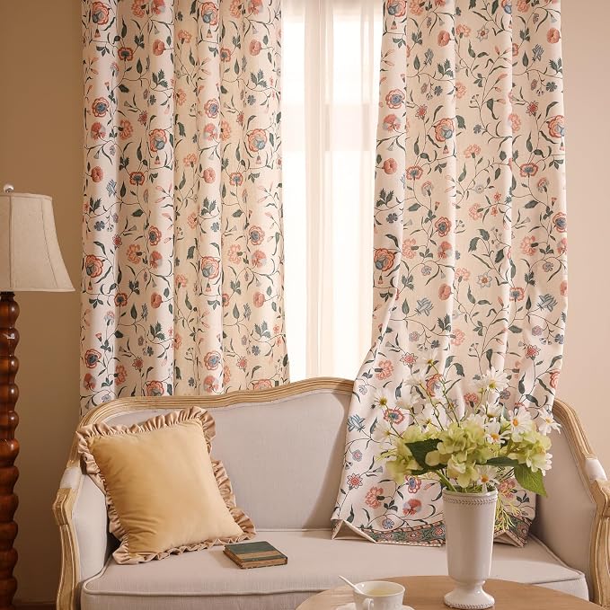 Designer French Linen Printed Curtains, 2 Panels, Floral Pattern Draps - Image 9
