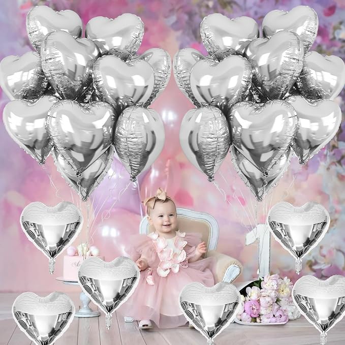 Silver Heart Foil Balloons, 18Inch Metallic Heart Foil Balloon - Image 5
