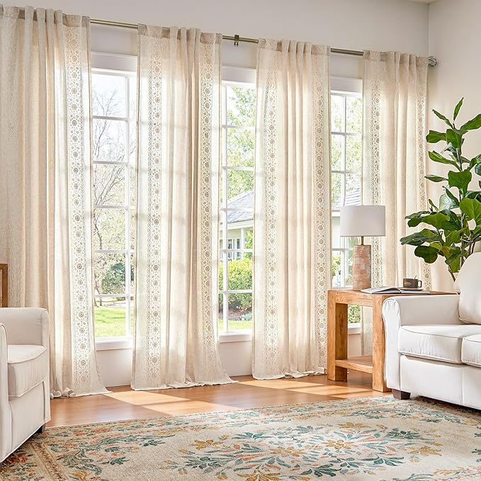 jinchan Floral Linen Curtains Embroidered Back Tab 50x90in 2 Panels Ivory | - Image 2