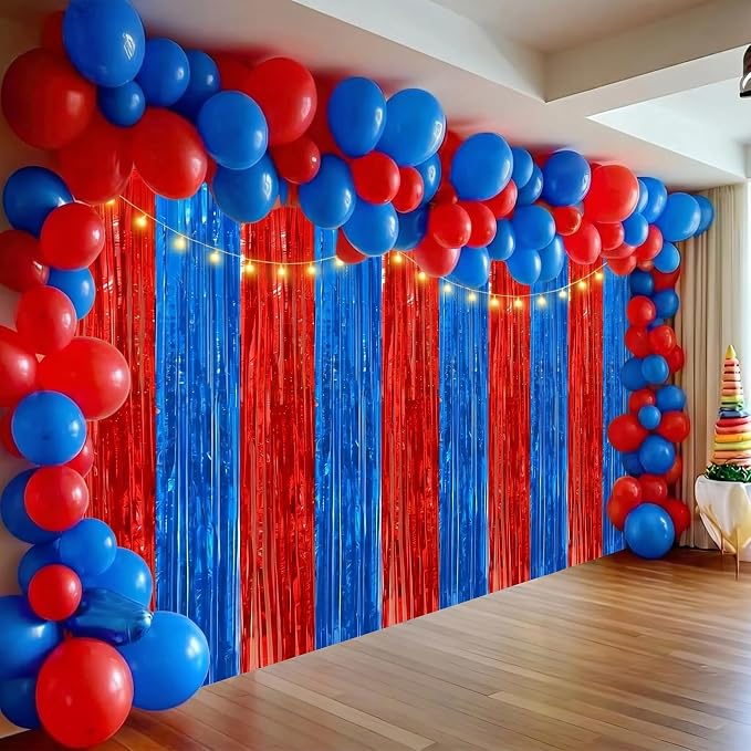 2Pack Red Blue Metallic Tinsel Foil Fringe Curtains, Tinsel Curtain Backdrop - Image 8