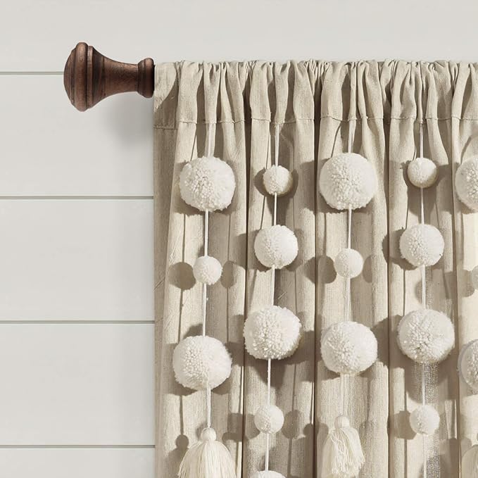 Lush Decor Boho Pom Pom Tassel Linen Textured Window Curtain Panel, Single 52" - Image 2