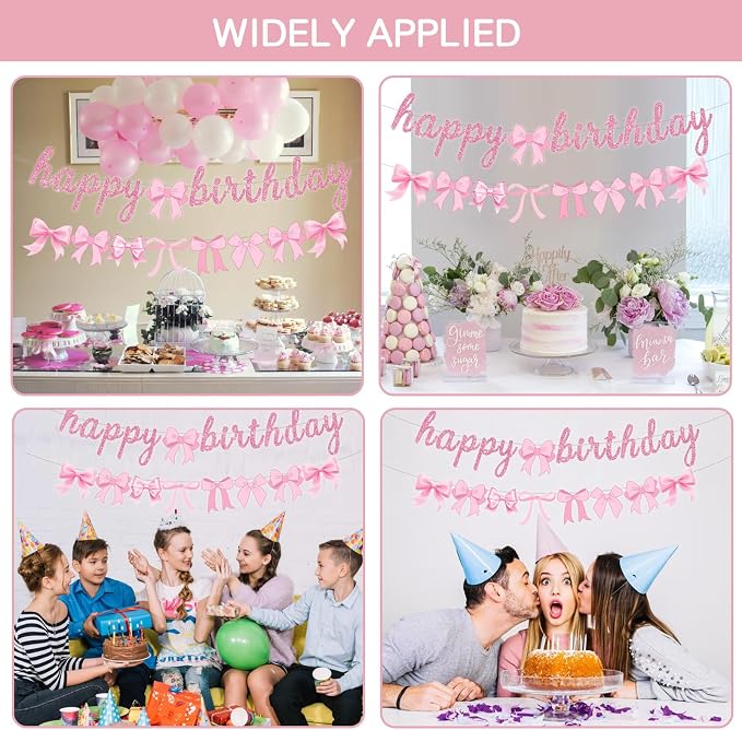 2pcs Glitter Pink Bow Party Banner Pre-Strung Happy Birthday Decorations Bow - Image 6