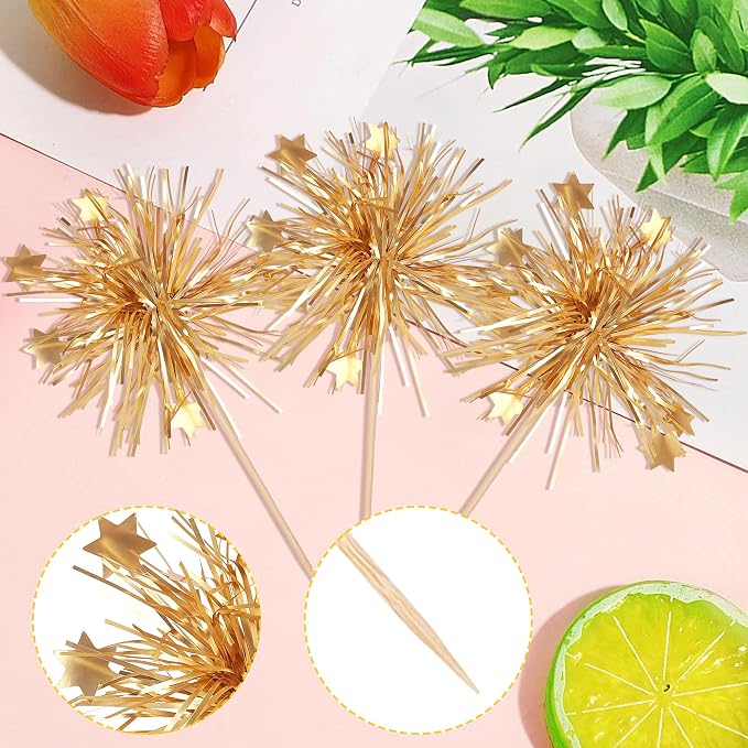 30 PCS Foil Firework Cupcake Toppers Happy Birthday Cake Toppers Star Sparkle - Image 3