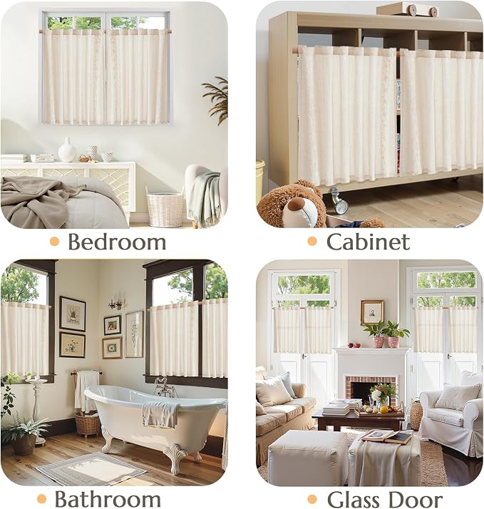 jinchan Ivory Floral Embroidered Linen Kitchen Curtains 54×45 Inch 2 Panels | - Image 9