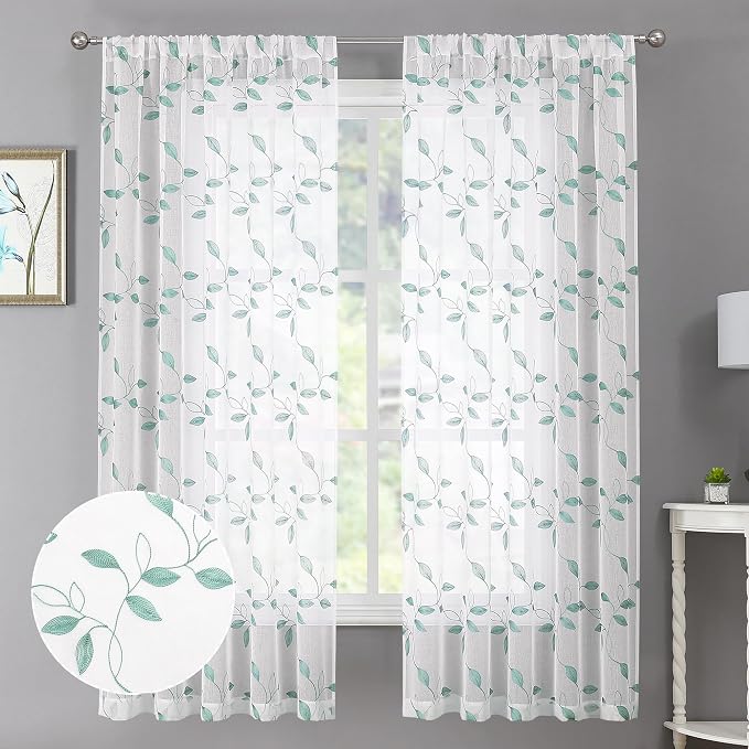 Tollpiz Teal Blue Leaf Sheer Curtain Leaves Embroidered Living Room Short by Tollpiz