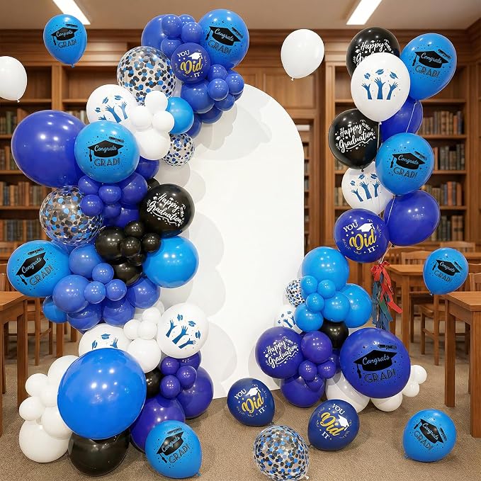 Blue Black White Graduation Balloons, 12 Inch Dark Navy Blue Black Confetti - Image 4