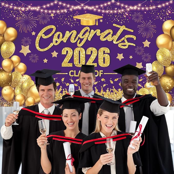 Purple and Gold Class of 2026 Banner Congrats Graduation Decorations - Image 4