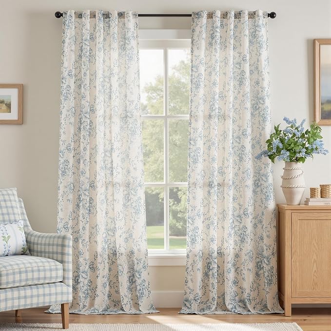 jinchan Blue Floral Linen Curtains 96 Inch Vintage Back Tab 2 Panels | Light by JINCHAN
