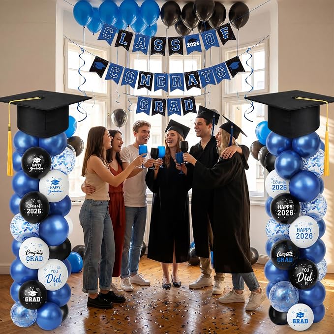 Thenshop 2 Sets Graduation Balloon Column Stand Kit 2026- Black Blue Balloon - Image 6