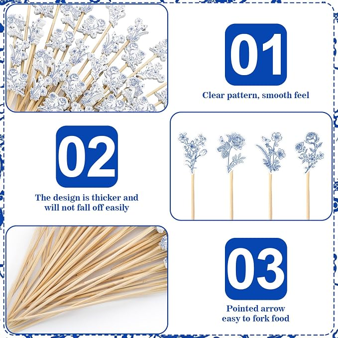 Bokon 200 Pcs Blue White Vintage Flower Cocktail Picks Bamboo Toothpicks Drinks - Image 4