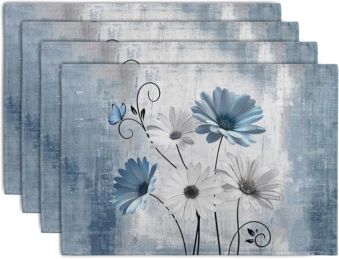 Daisy Placemats Set of 4 Blue Grey Rustic Vintage Floral Table Place Mats 12x18 by Wnoesat