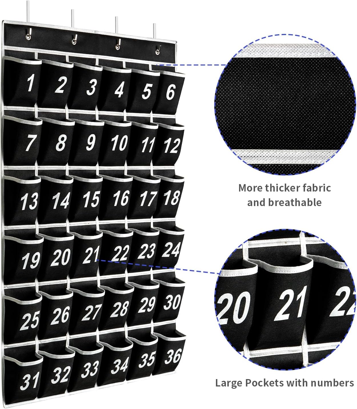 36 Pockets Black Numbered Classroom Pocket Chart for Cell Phones, Hanging Pocket Chart Storage for Classroom Phone Calculator Holder with 4 Hooks (Black-36pockets)