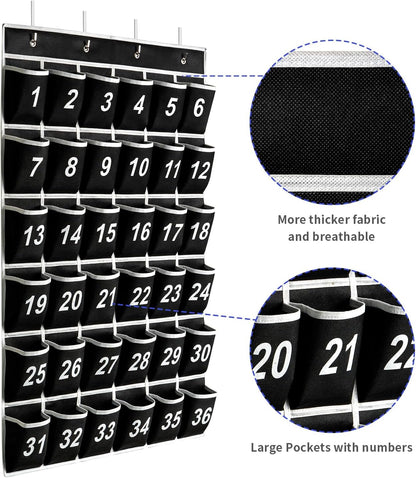 36 Pockets Black Numbered Classroom Pocket Chart for Cell Phones, Hanging Pocket Chart Storage for Classroom Phone Calculator Holder with 4 Hooks (Black-36pockets)