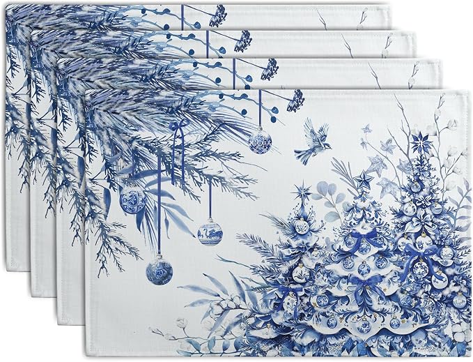 Blue and White Christmas Tree Placemats Set of 4, 12x18 Inch Chinoiserie Xmas by Wnoesat