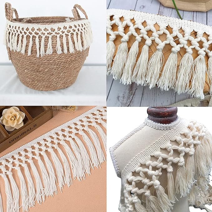 FQTANJU 3 Yards 14cm Wide Tassel Trim, Cotton Tassel Fringe Boho Macrame Tassel - Image 7