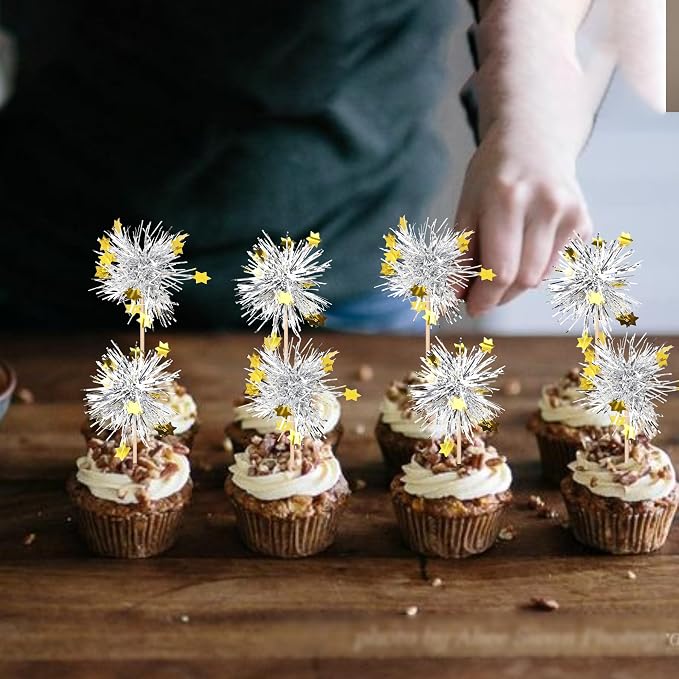 30 PCS Foil Firework Cupcake Toppers Happy Birthday Star Cupcake Picks Sparkle - Image 4
