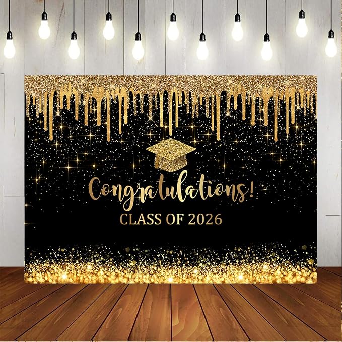Mocsicka 8x6ft Graduation Backdrop 2026 Black and Gold Graduation Decorations - Image 7
