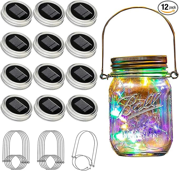 VOOKRY 12 Pack Solar Mason Jar Lights, 30 LED Mason Jar Lids Waterproof Firefly Fairy String Lights with 12 Hangers(No Jars), for Outdoor Patio Garden Yard Lawn Party Wedding Decoration - Multicolor
