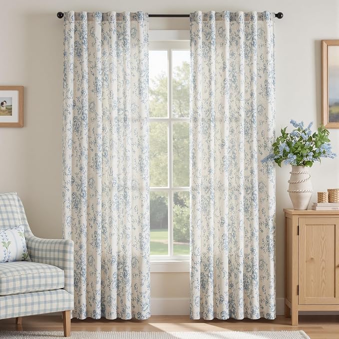 jinchan Blue Floral Linen Curtains 84 Inch Farmhouse Back Tab 2 Panels | Light by JINCHAN