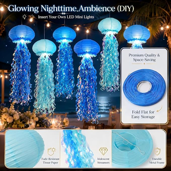 10-Inch Jellyfish Paper Lanterns, Under the Sea Party Decorations | 6-Pack Blue - Image 7