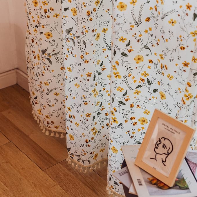Sutuo Home Boho Curtain Semi-Blackout Yellow Florals Print Cotton Linen Fabric - Image 4