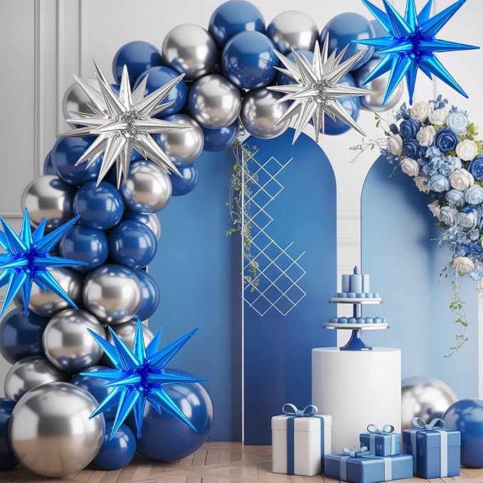 Blue Silver Star Balloons, 22/27 Inch Silver and Dark Blue Star Foil Balloons - Image 5
