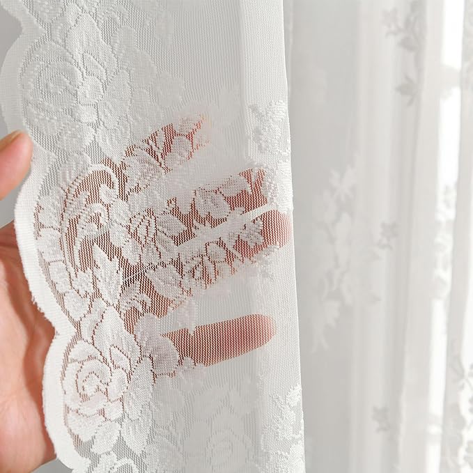 Kotile Ivory Lace Curtains for Bedroom Rustic Floral 52 x 80 Inch 2 Panels | - Image 5