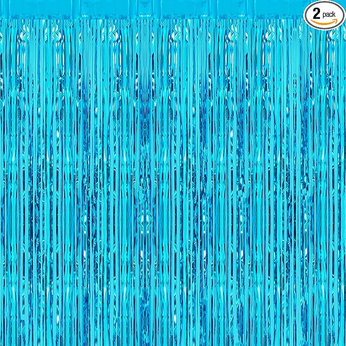 Light Blue Tinsel Foil Fringe Curtain, Photo Booth Backdrop | 2 Pcs 3.2ft x by i-CHONY
