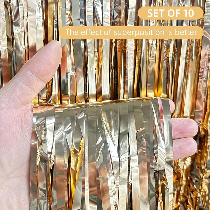 10 Pack Champagne Gold Backdrop Curtain 3.2ft x 8.2ft Metallic Tinsel Foil - Image 2