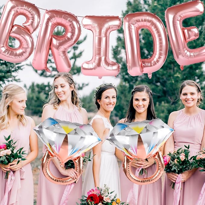 Bride Balloons with 2 Ring Foil Balloons, Rose Gold | Bride letter balloons - Image 2