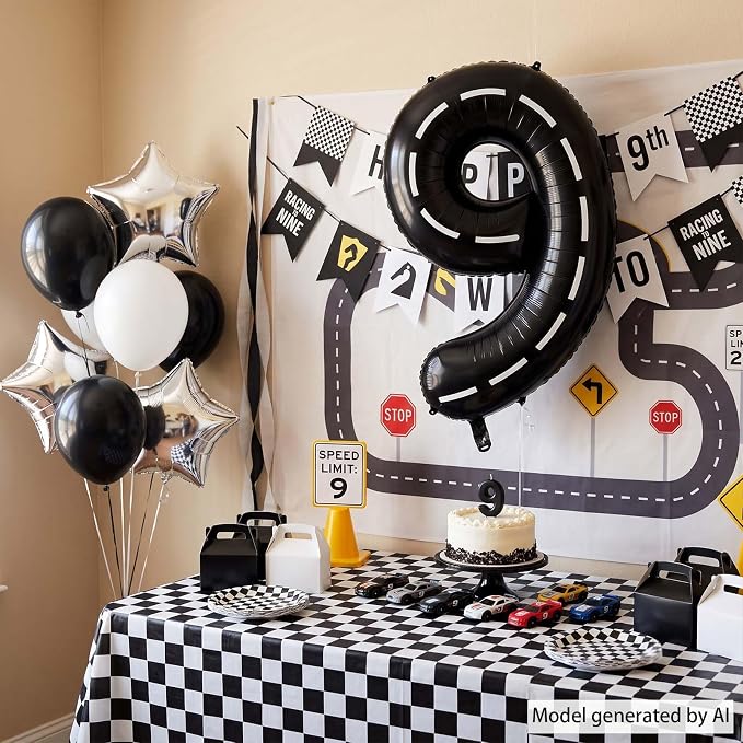 Black and White Stripes Number 9 Balloon 40 Inch, Speedway Theme Numeral | Cool - Image 3