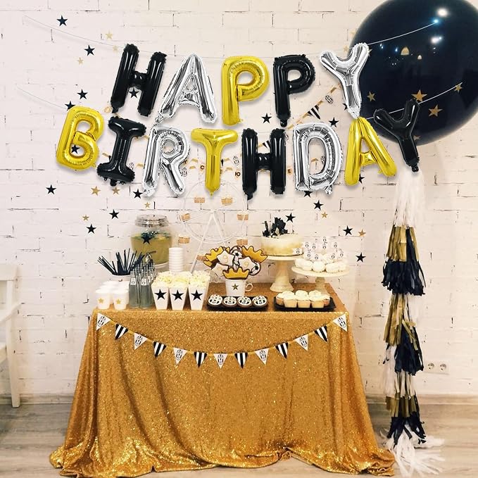 TONIFUL 16 Inch Black Gold Silver Happy Birthday Balloon Banner Decorations | - Image 4